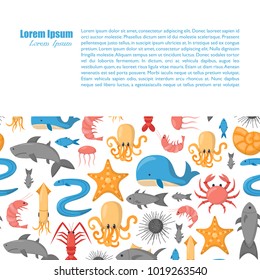 Vector cartoon illustration, sea animals background: crab, octopus, jellyfish, shark, whale. Children book cartoon cover or illustration. Fish market or aquarium vector icons. Underwater creature