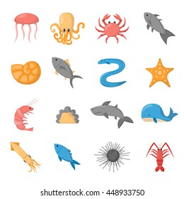 Vector cartoon illustration, sea animals icons: crab, octopus, jellyfish, starfish, shark, whale. Children book cartoon cover or illustration. Fish market or aquarium vector icons. Underwater creature