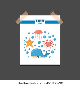 Vector cartoon illustration, sea animals background: crab, starfish, shark, whale. Children book cartoon cover or illustration. Fish market or aquarium vector objects. Underwater creature background