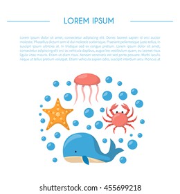 Vector cartoon illustration, sea animals background: crab, starfish, shark, whale. Children book cartoon cover or illustration. Fish market or aquarium vector icons. Underwater creature background