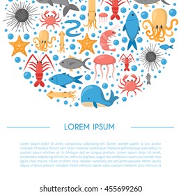 Vector cartoon illustration, sea animals background: crab, octopus, jellyfish, shark, whale. Children book cartoon cover or illustration. Fish market or aquarium vector icons. Underwater creature