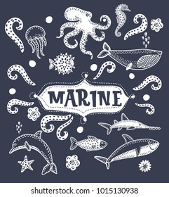 Vector cartoon illustration of Sea marine creatures. Set black silhouette. Shark, dolphin, octopus, fish, jewfish, seahorse, jellyfish, marine star, whale. Cute funny  characters on dark background.
