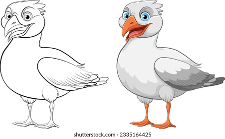 Vector cartoon illustration of a seagull bird standing and smiling, isolated on white background