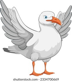 A vector cartoon illustration of a seagull with its wings open, ready to take flight