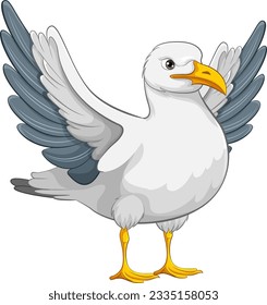 A vector cartoon illustration of a seagull with its wings open, ready to take flight