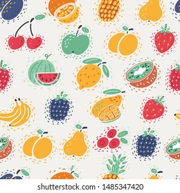 Vector cartoon illustration of seamless background of berries. Blackberry, strawberry, watermelon, raspberry, cherry, cranberry, orange, apple, pear, pineapple, lemon, banana, kiwi, peach, mango