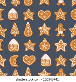 Vector cartoon illustration of Seamless pattern. Gingerbread Xmas different cookies pattern on the dark background.