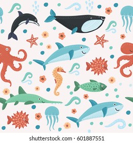 Vector cartoon illustration of seamless pattern with colorful sea marine creatures