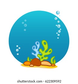 Vector cartoon illustration. Seaweeds, corals with bubbles and water background. Kawaii smiling character, undersea animal