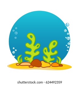 Vector cartoon illustration. Seaweeds, corals with bubbles and water background. Kawaii smiling character, undersea animal