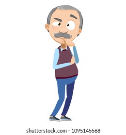 Vector cartoon illustration of senior aged male character thinking . Vector illustration in cartoon flat style, isolated on a white background.