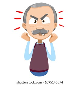 Vector cartoon illustration of senior aged male character expresses his negative evil emotions, showing anger. Vector illustration in cartoon flat style, isolated on a white background.