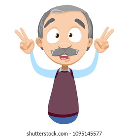 Vector cartoon illustration of senior aged male character doing victory gesture. Vector illustration in cartoon flat style, isolated on a white background.