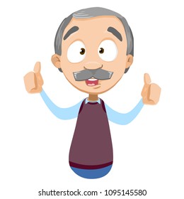 Vector cartoon illustration of senior aged male character shows gesture cool. Thumbs up. Vector illustration in cartoon flat style, isolated on a white background.