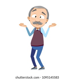 Vector cartoon illustration of senior aged male character gestures oops, sorry or I do not know. Vector illustration in cartoon flat style, isolated on a white background.