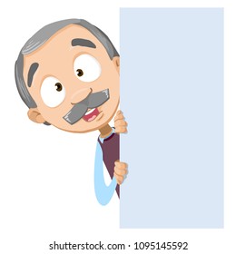 Vector cartoon illustration of senior aged male character peeping over blank poster. Vector illustration in cartoon flat style, isolated on a white background.