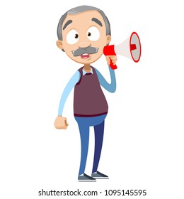 Vector cartoon illustration of senior aged male character speaking into a shout or a megaphone. Vector illustration in cartoon flat style, isolated on a white background.