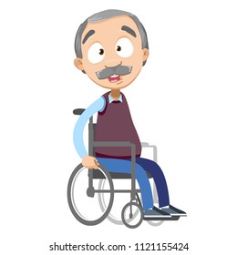 Vector cartoon illustration of senior aged male character sitting in wheelchair. Vector illustration in cartoon flat style, isolated on a white background.