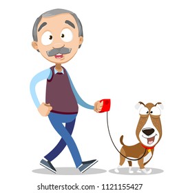 Vector cartoon illustration of senior aged male character walking with a dog. Caring for a four-footed friend. Vector illustration in cartoon flat style, isolated on a white background