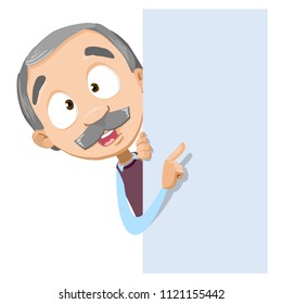 Vector cartoon illustration of senior aged male character pointing at blank white ad board. Vector illustration in cartoon flat style, isolated on a white background.
