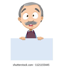 Vector cartoon illustration of senior aged male character holding blank white ad board. Vector illustration in cartoon flat style, isolated on a white background.