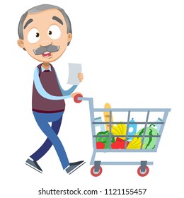 Vector cartoon illustration of senior aged male character wish shop list pushing supermarket shopping cart full of groceries. Vector illustration in cartoon flat style, isolated on a white background.