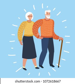 Vector cartoon illustration of senior couple laughing and walking