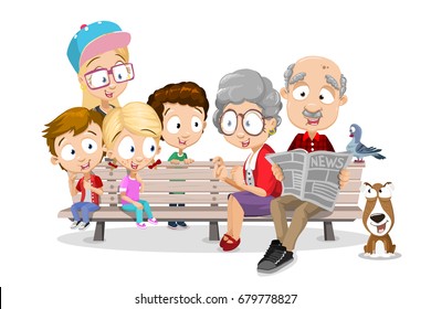 Vector cartoon illustration of senior couple having good time with their grand children sitting on the bench in park. Flat style, isolated on white background