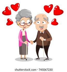 Vector cartoon illustration of senior couple in love. Happy grandparents holding hands and smiling. Vector illustration on white background