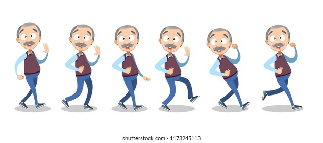 Vector cartoon illustration of senior elder male character walking. Isolated on white background.Vector illustration in cartoon flat style, isolated on a white background.