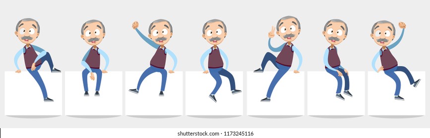 Vector cartoon illustration of senior elder male sitting on empty text brochure. Happy grandparents character design.Vector illustration in cartoon flat style, isolated on a white background.