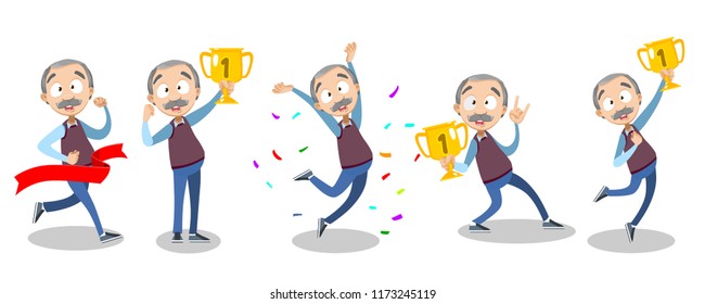 Vector cartoon illustration of senior elder male character holding a trophy. Vector illustration in cartoon flat style, isolated on a white background