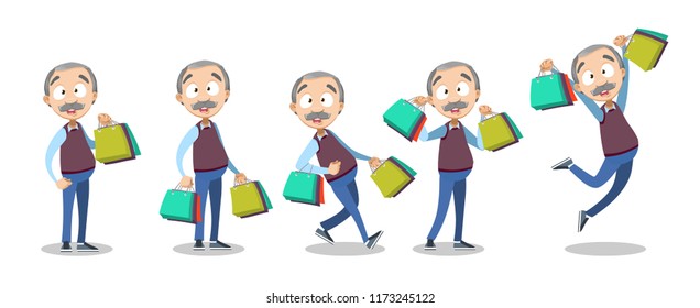 Vector cartoon illustration of senior elder male character shopping, holding shopping bags and packages. Vector illustration in cartoon flat style, isolated on a white background.