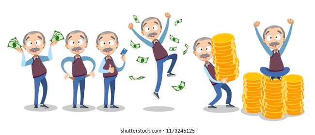 Vector cartoon illustration of senior elder male character with banknotes of money in his hands. Vector illustration in cartoon flat style, isolated on a white background.