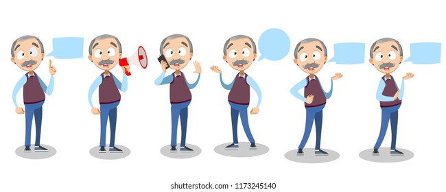 Vector cartoon illustration of senior elder male character speaking into a shout or a megaphone. Vector illustration in cartoon flat style, isolated on a white background.