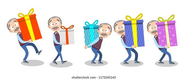 Vector cartoon illustration of senior elder male character giving gifts. Making surprise and bring big wrapped gift box. Vector illustration in cartoon flat style, isolated on a white background.