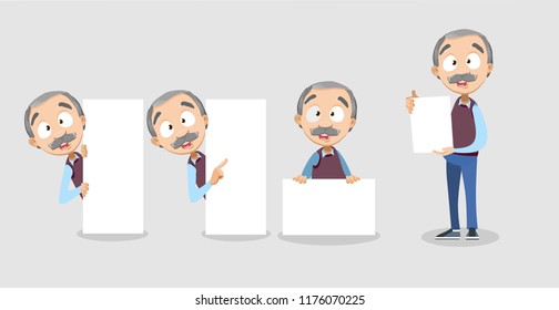 Vector cartoon illustration of senior elder male character shows a sheet with the contract. Vector illustration in cartoon flat style, isolated on a white background.