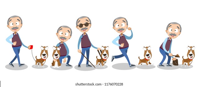 Vector cartoon illustration of senior elder male character walking with a dog. Caring for a four-footed friend. Vector illustration in cartoon flat style, isolated on a white background.