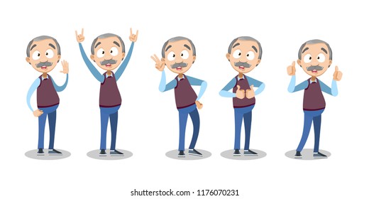 Vector cartoon illustration of senior elder male character gesturing, showing signs with hands. Happy granddad character design.