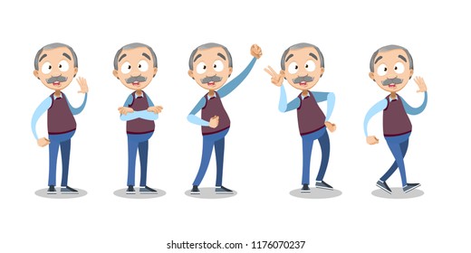 Vector cartoon illustration senior elder male character in various poses
