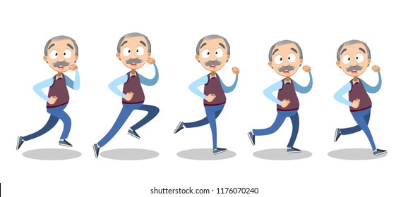 Vector cartoon illustration of senior elder male character running. Isolated on white background.Vector illustration in cartoon flat style, isolated on a white background.