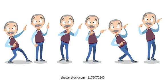 Vector cartoon illustration of senior elder male character pointing. Isolated on white background.Vector illustration in cartoon flat style, isolated on a white background.