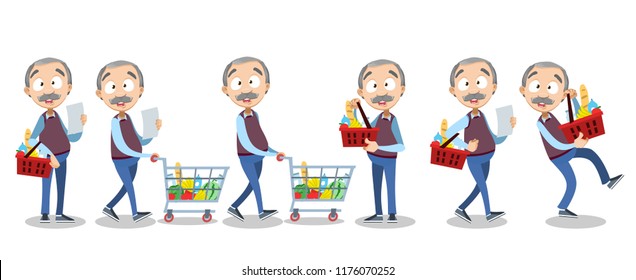 Vector cartoon illustration of senior elder male character carrying a grocery cart full of groceries in the supermarket. Vector illustration in cartoon flat style, isolated on a white background.