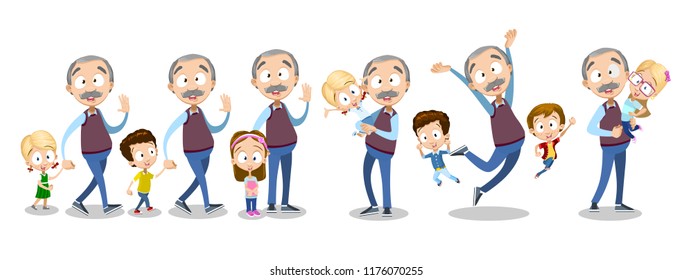 Vector cartoon illustration of senior elder male character with kids, grandchildren. Isolated on white background.Vector illustration in cartoon flat style, isolated on a white background.