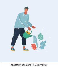 Vector cartoon illustration of Senior man watering flowers in the garden