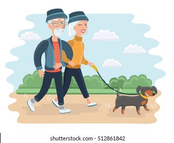 Vector Cartoon Illustration Of Senior People. Elderly Couple Walking In The Park With Dog