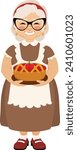 Vector cartoon illustration of an senior woman baker in the image of a traditional housewife.Granny dressed in retro style holding a homemade pie.