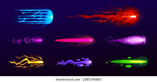 Ilustración vectorial de dibujos animados conjunto de rayos láser o plásticos, brotes cósmicos, objetos para el calado del juego, conjunto de ilustraciones de dibujos animados, humo de color	