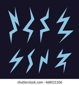 vector cartoon illustration set of blue Lightning Bolts. game ui elements isolated on dark background