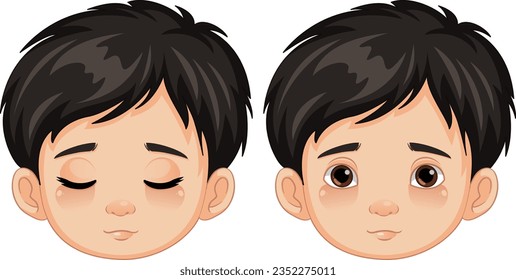 A vector cartoon illustration of a set of boys with both open and closed eyes